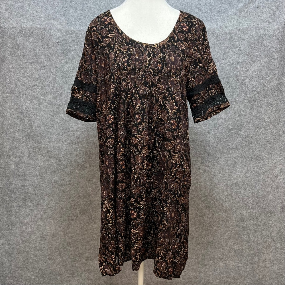 Entro Floral Paisley Crochet Lace Trim Shift Dress Brown Black Boho Summer‎ LG